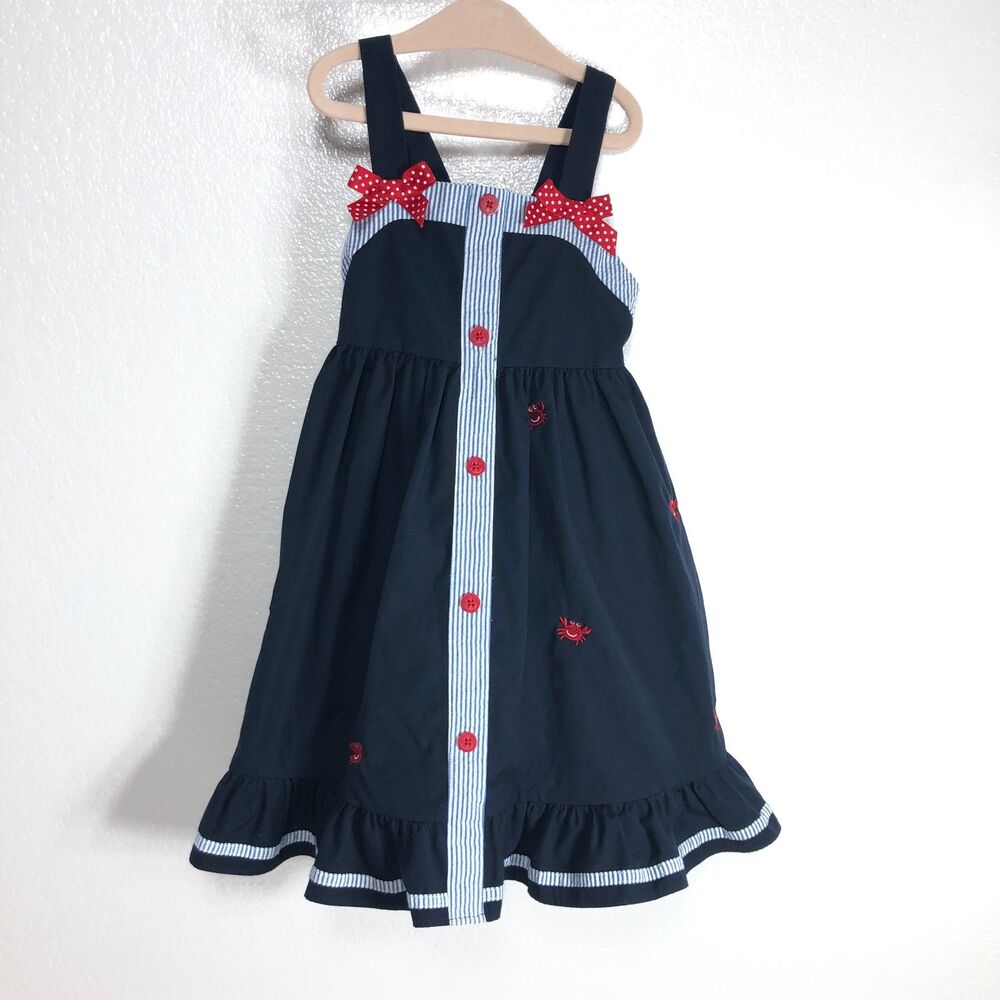 Goodlad Girls Embroidered Crabs Dress Blue With Red Bows Red Buttons Size 5Y